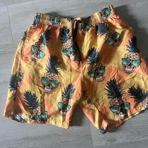 Yellow Pineapple Skull Glasses Swim Trunk Mesh Lining Quick Dry Men Size Large